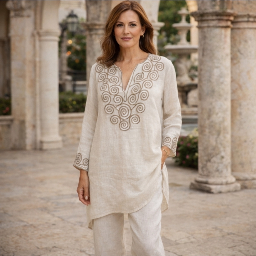 Linen Tunic Oatmeal/Pink Neutral Cool Quiet Luxury 3D Swirl Embroidery Sz L